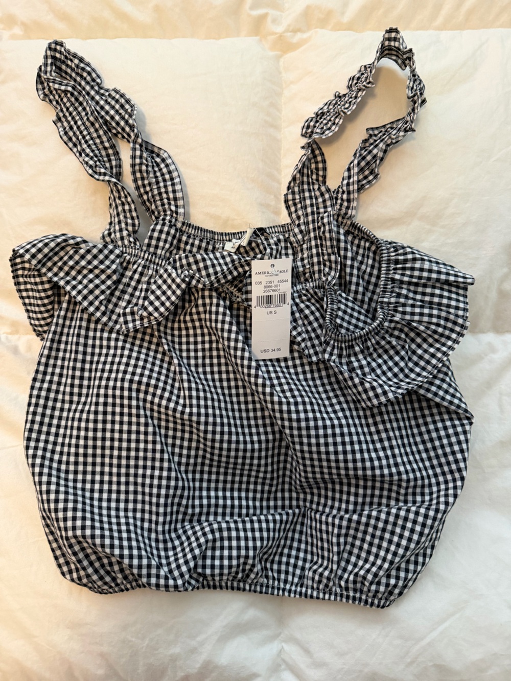 Black & White Gingham Ruffle Strap Women’s Top